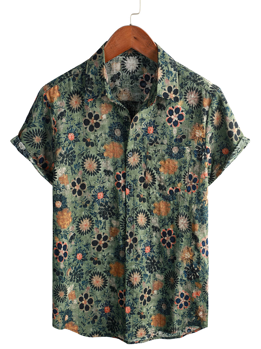 Men's Cotton-Linen Shirt Flowers Button Down Shirt