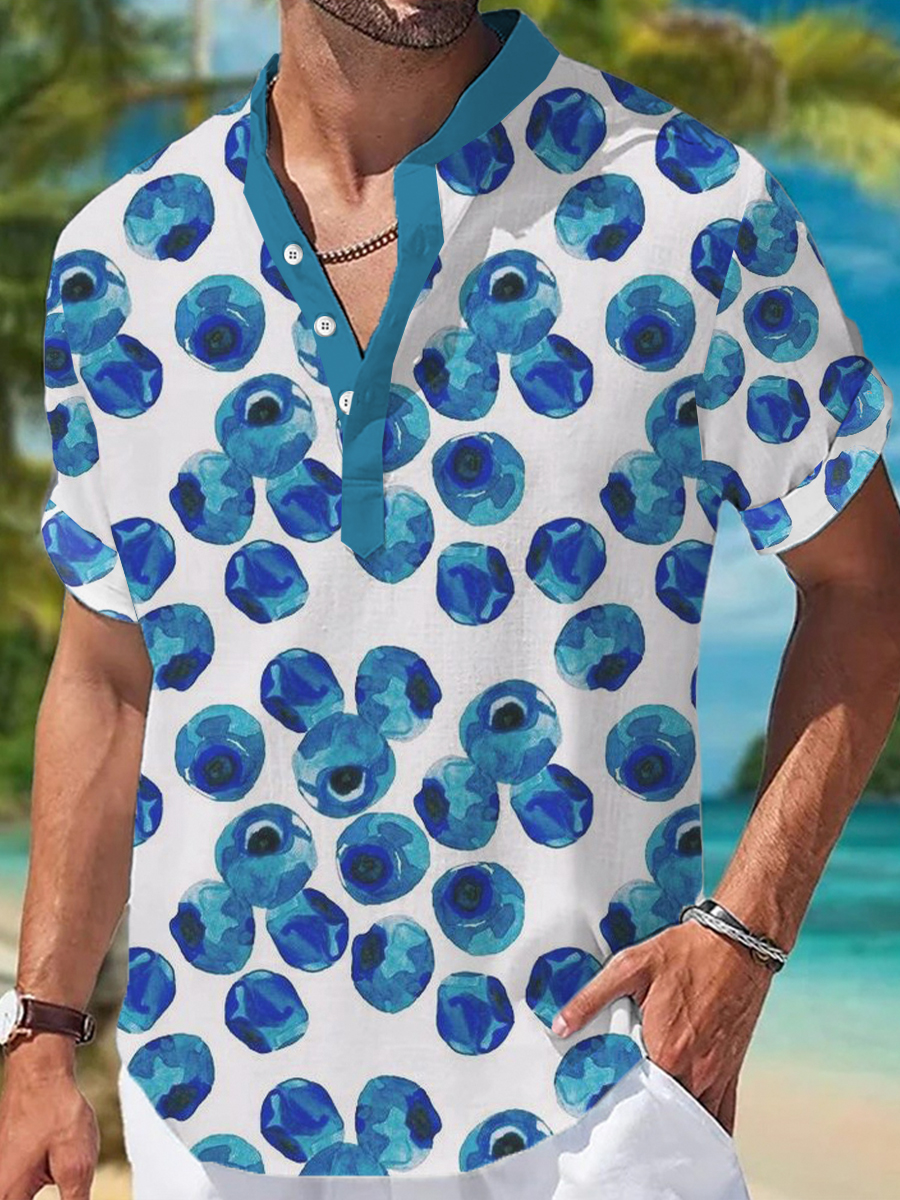 Men's Henley Shirts Blueberry Pattern Printed Short-Sleeved Shirt