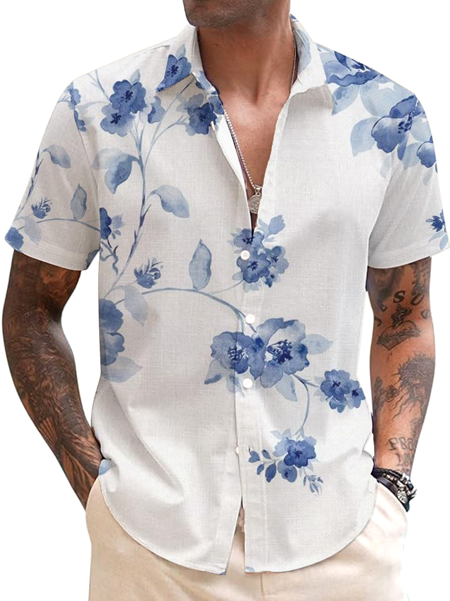 Men's Cotton-Linen Shirt Floral Print Breathable Plus Size Shirts
