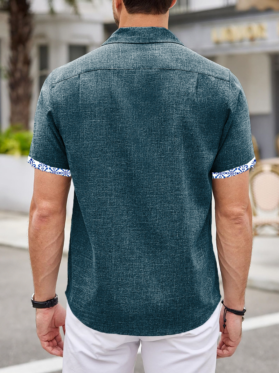 Men's Cotton-Linen Shirts Partial Printing Casual Natural Breathable Summer Rose Lightweight Hawaiian Shirts