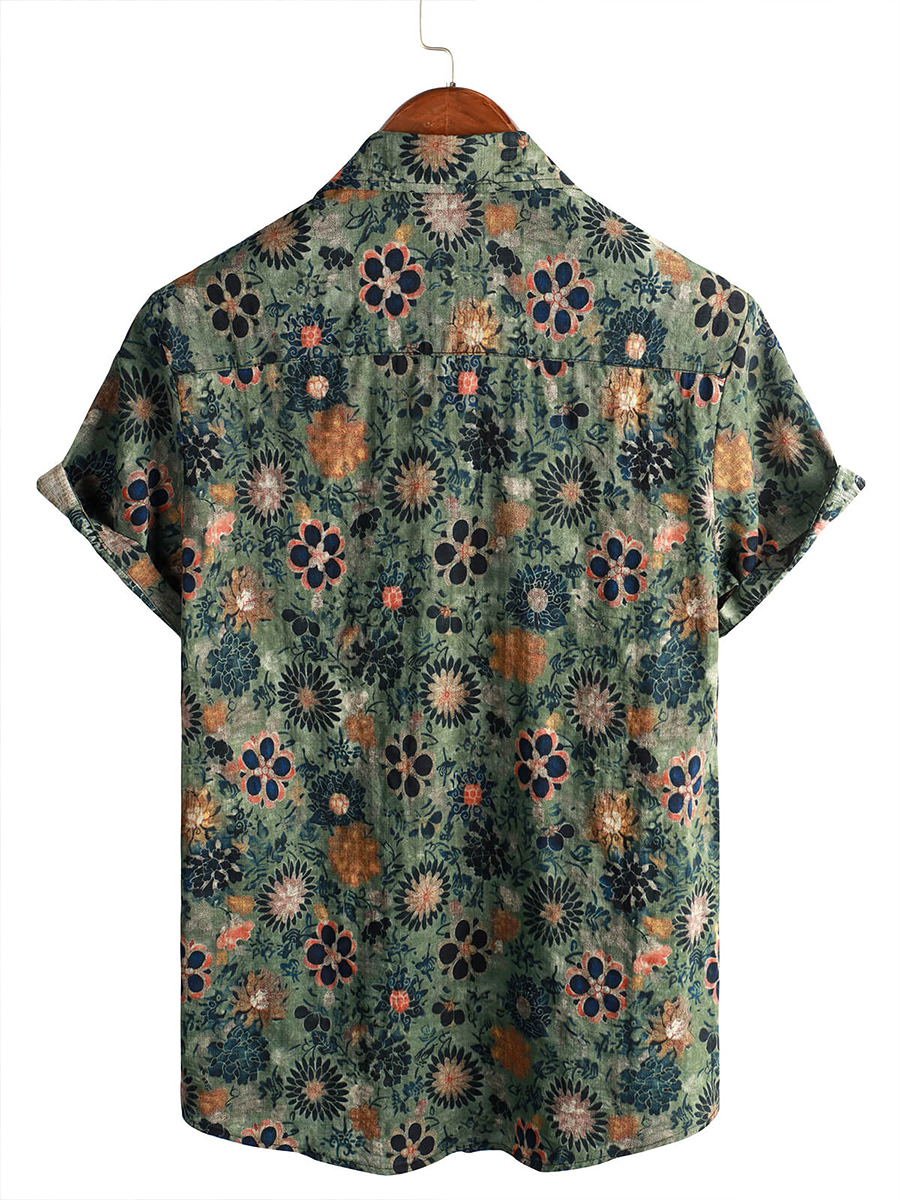 Men's Cotton-Linen Shirt Flowers Button Down Shirt