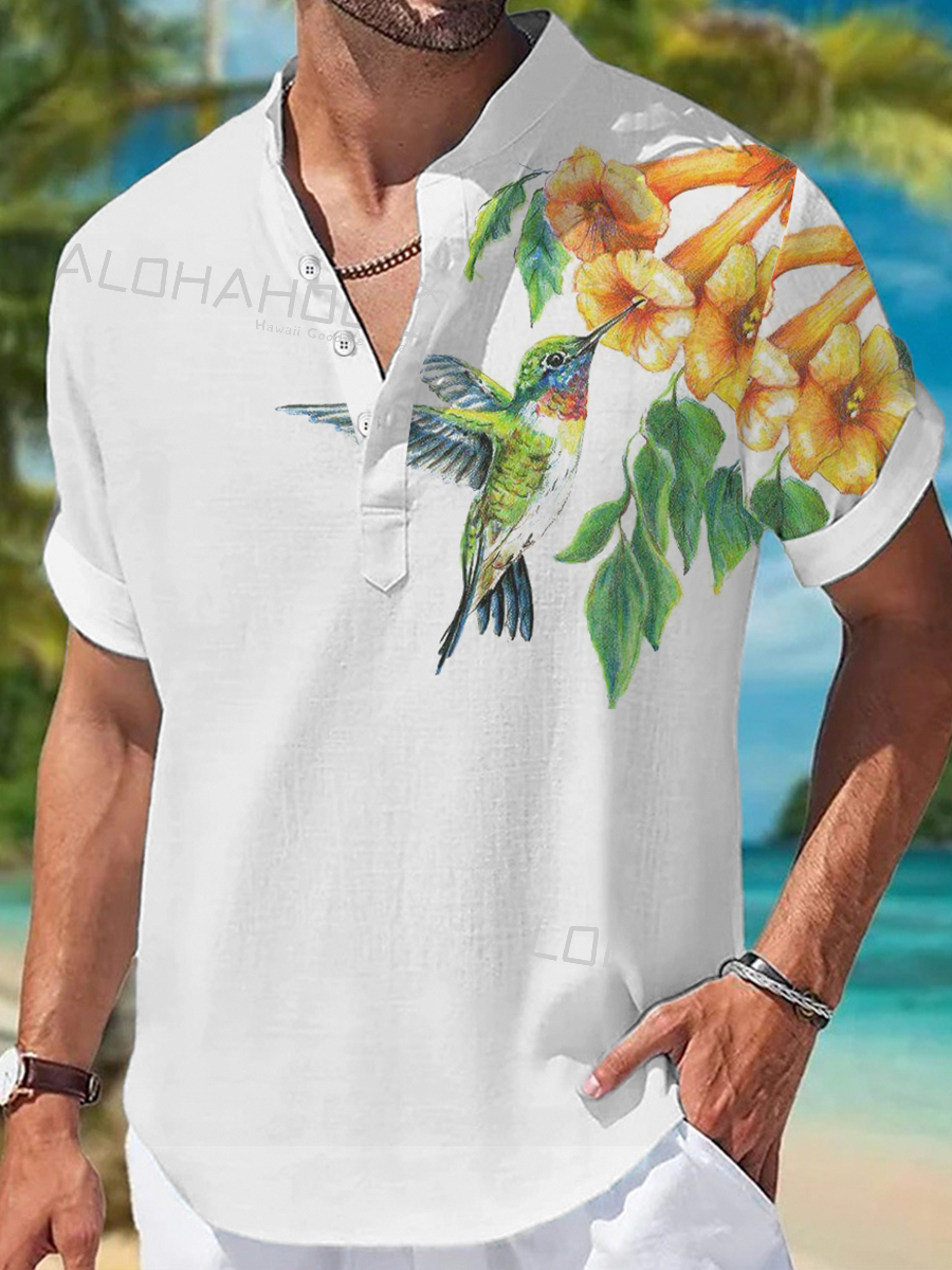 Men's Henley Shirts Hummingbird Printed Short-Sleeved Shirt