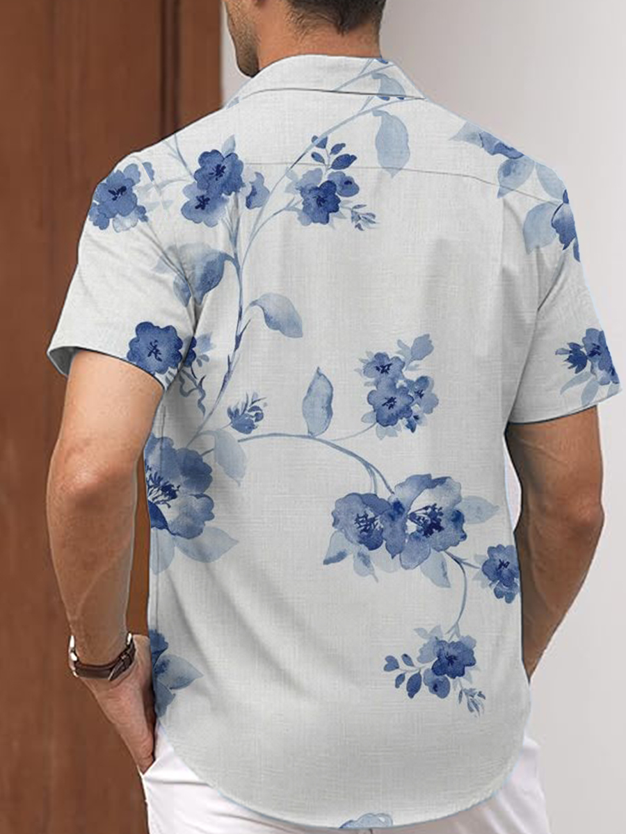 Men's Cotton-Linen Shirt Floral Print Breathable Plus Size Shirts