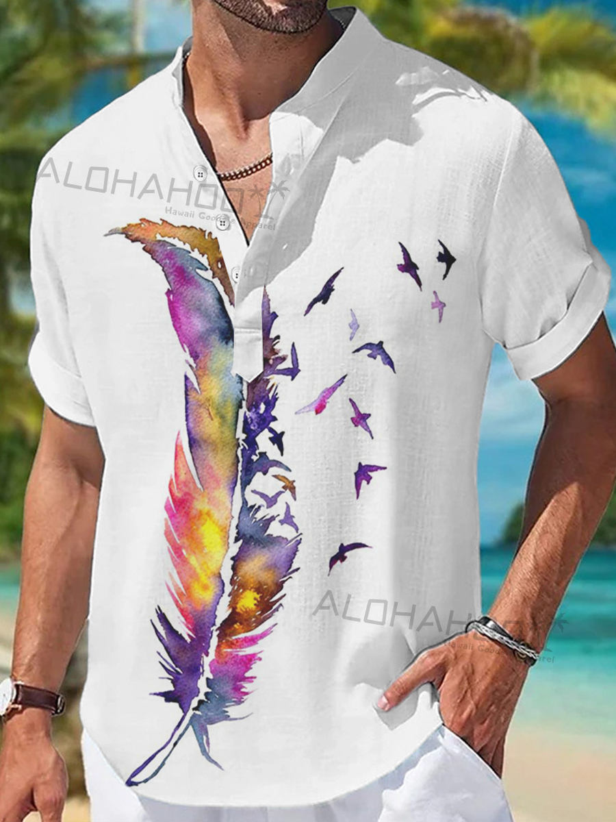 Men's Henley Shirts Rainbow Feather Printed Short-Sleeved Shirt