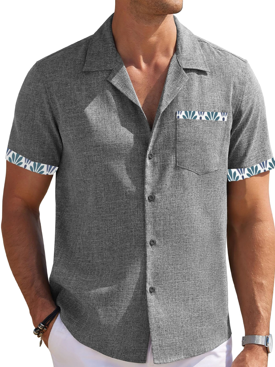 Men's Cotton-Linen Partial Printing Shirts Casual Natural Breathable Summer Rose Lightweight Hawaiian Shirts