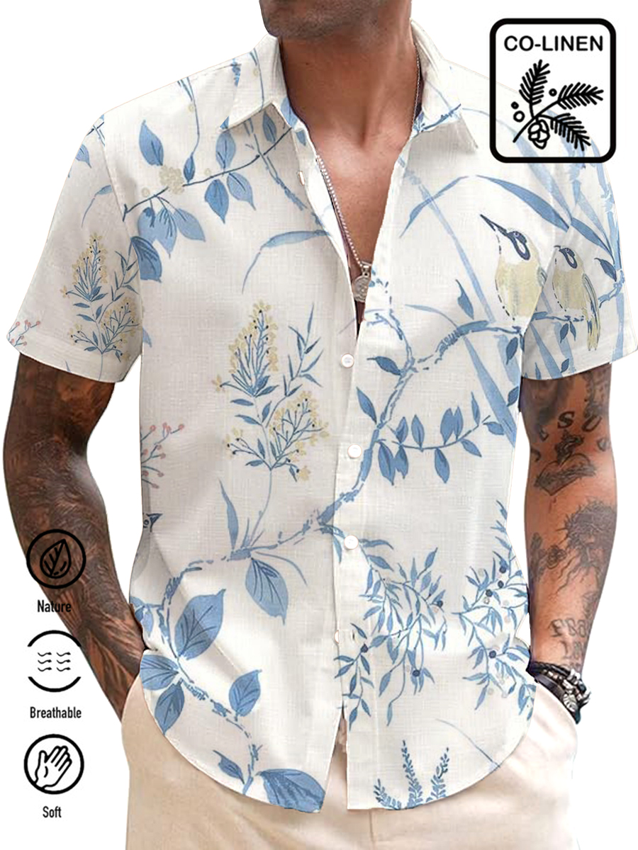 Men's Cotton-Linen Shirt Birds Floral Print Breathable Plus Size Shirts