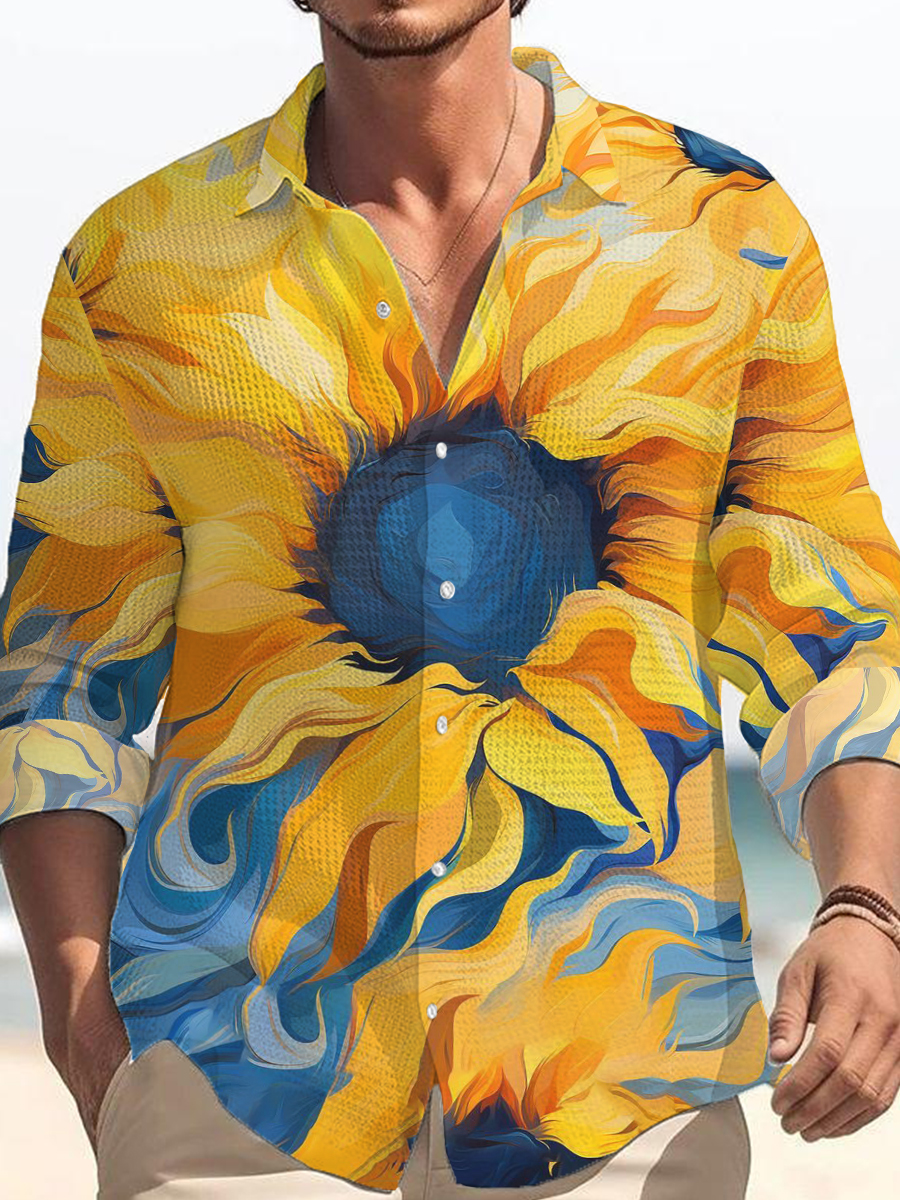 Men's Waffle Pattern Sunflower Print Long Sleeve Shirt