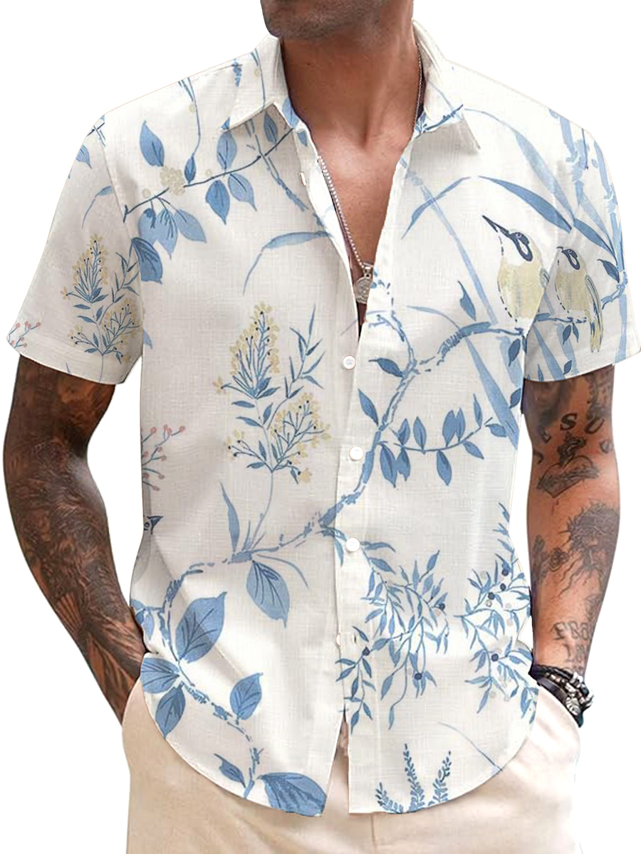 Men's Cotton-Linen Shirt Birds Floral Print Breathable Plus Size Shirts