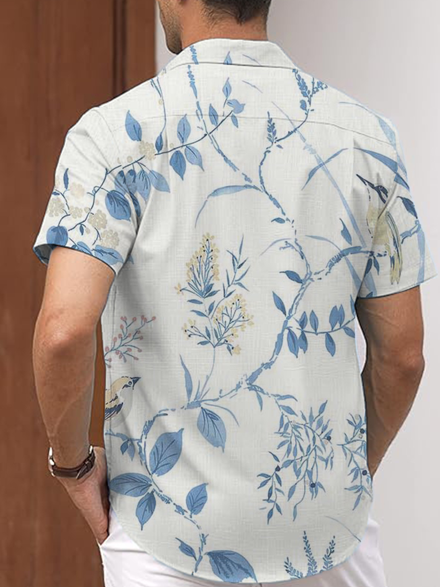 Men's Cotton-Linen Shirt Birds Floral Print Breathable Plus Size Shirts