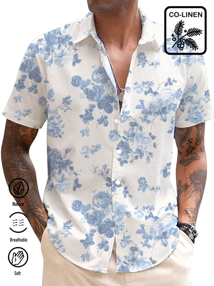 Men's Cotton-Linen Shirt Hawaii Floral Print Breathable Plus Size Shirts