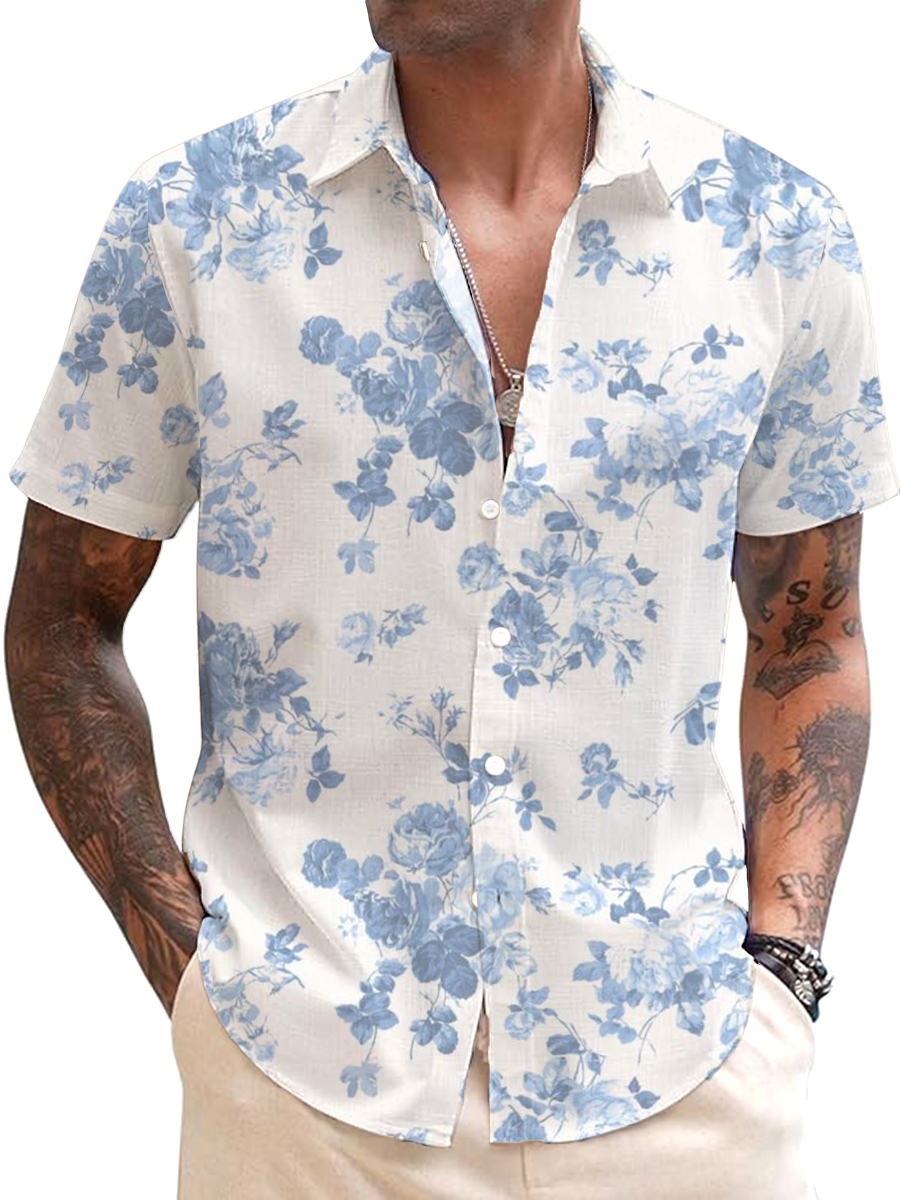 Men's Cotton-Linen Shirt Hawaii Floral Print Breathable Plus Size Shirts