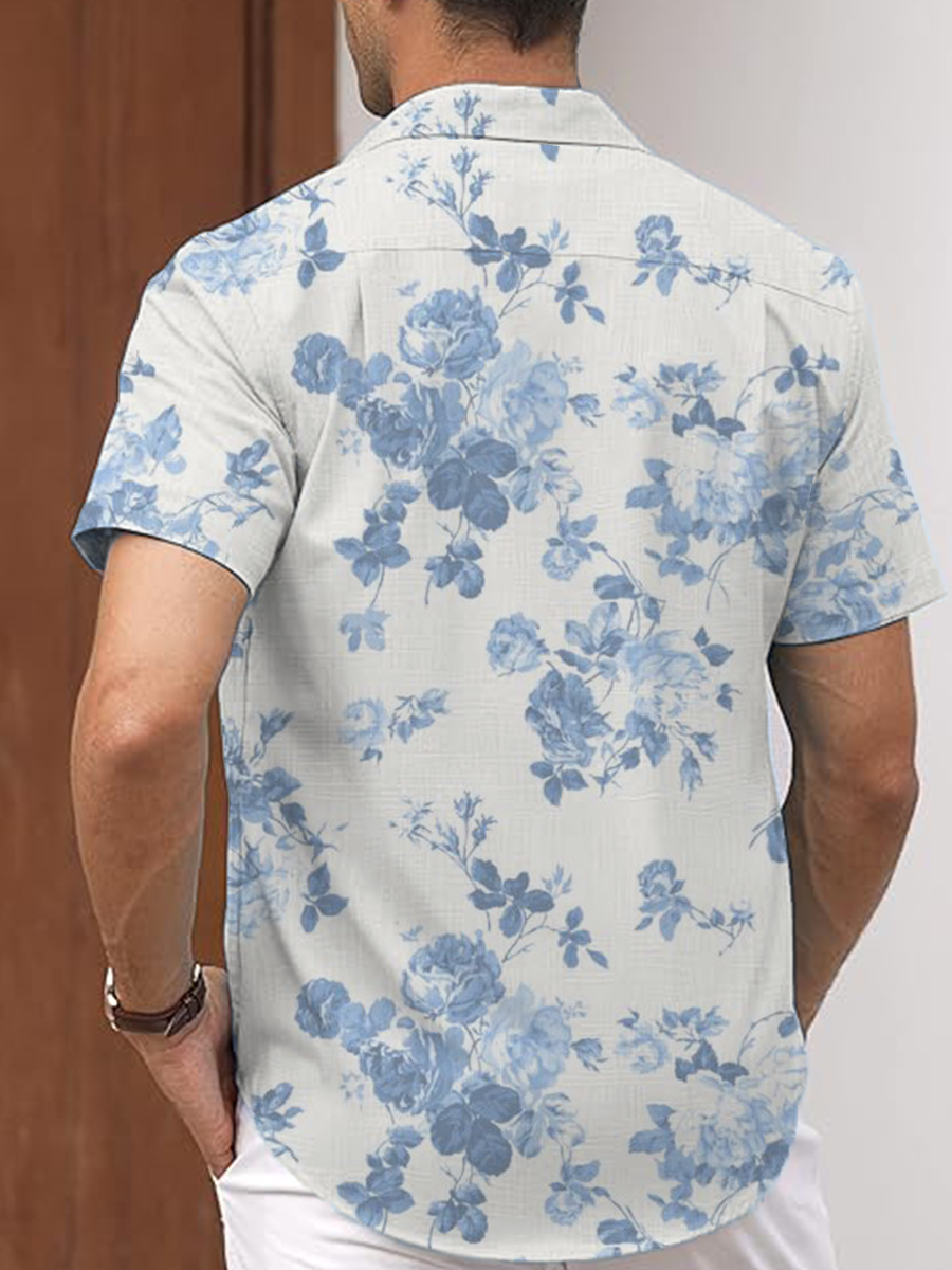 Men's Cotton-Linen Shirt Hawaii Floral Print Breathable Plus Size Shirts