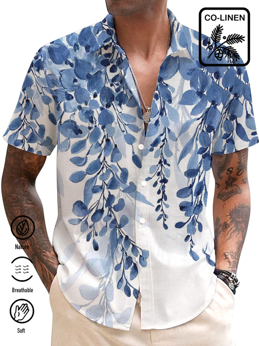 Men's Cotton-Linen Shirt Wicker Print Breathable Plus Size Shirts