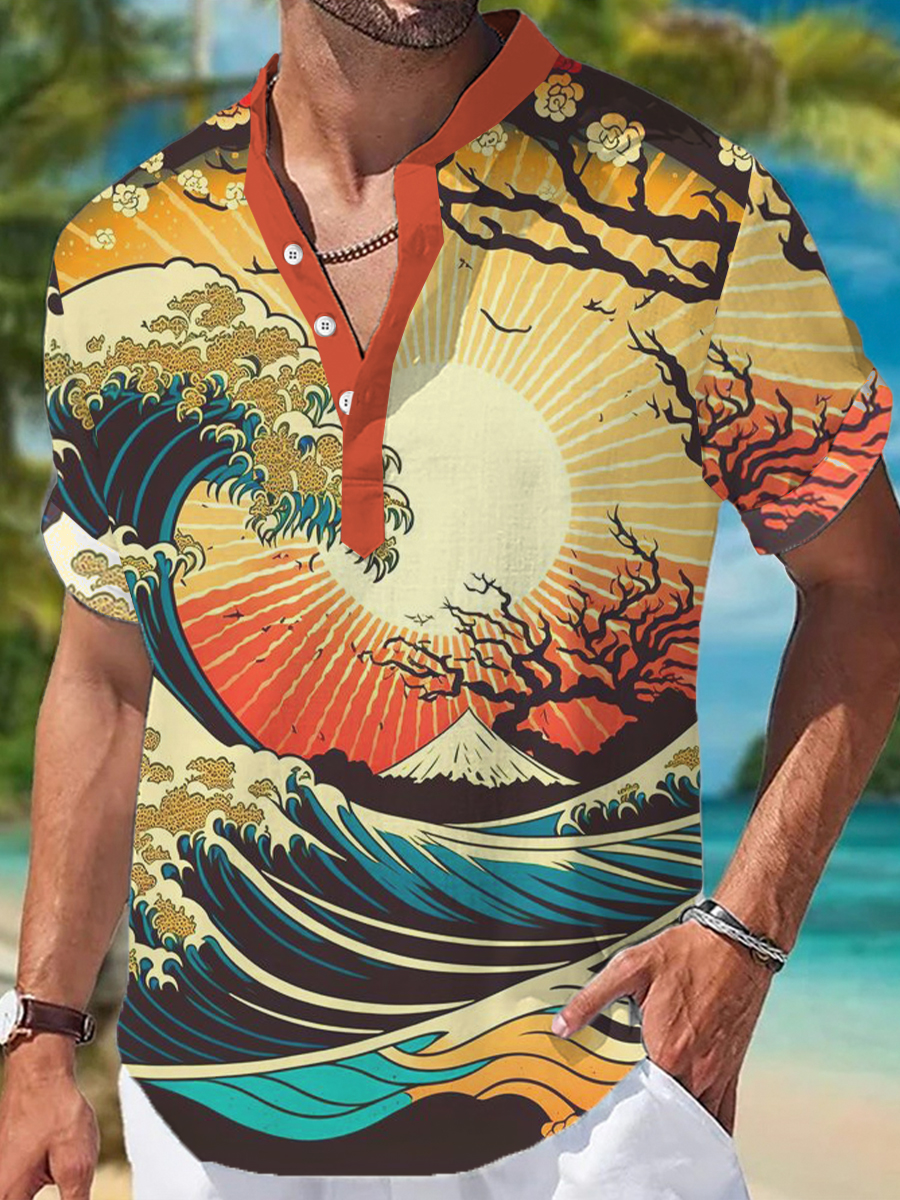 Men's Hawaiian Shirts Japanese Style Art Printed Short-Sleeved Shirt