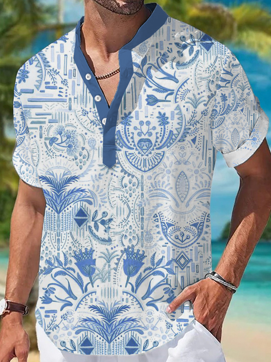 Men's Henley Shirts Retro Native Floral Printed Short-Sleeved Shirt