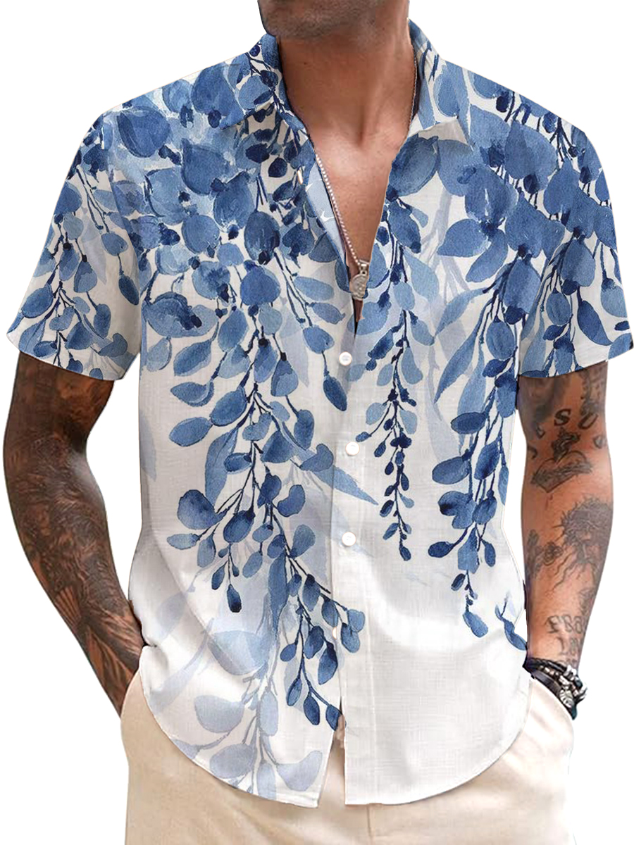 Men's Cotton-Linen Shirt Wicker Print Breathable Plus Size Shirts