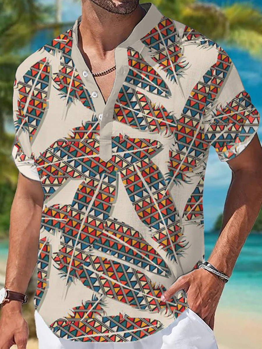 Men's Hawaiian Shirts Feather Printed Short-Sleeved Shirt