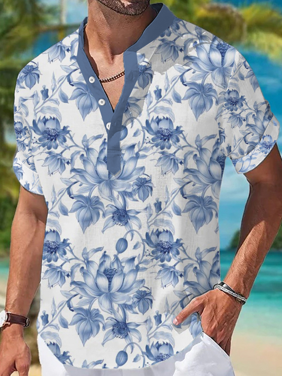 Men's Henley Shirts Retro Floral Printed Short-Sleeved Shirt