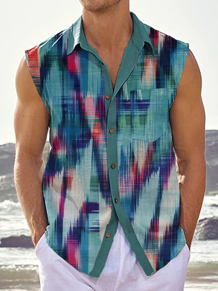 Men's Hawaiian Shirts Colorblock Print Sleeveless Shirts
