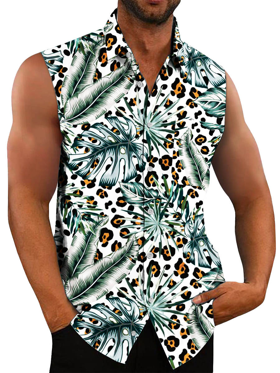Men's Hawaiian Shirts Leopard Leaves Print Sleeveless Shirts