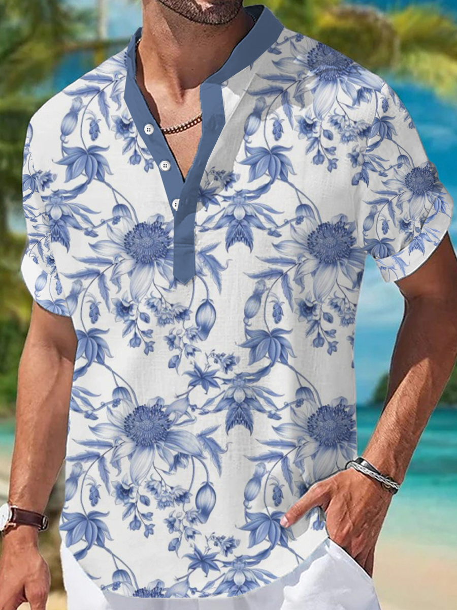 Men's Henley Shirts Sunflower Printed Short-Sleeved Shirt