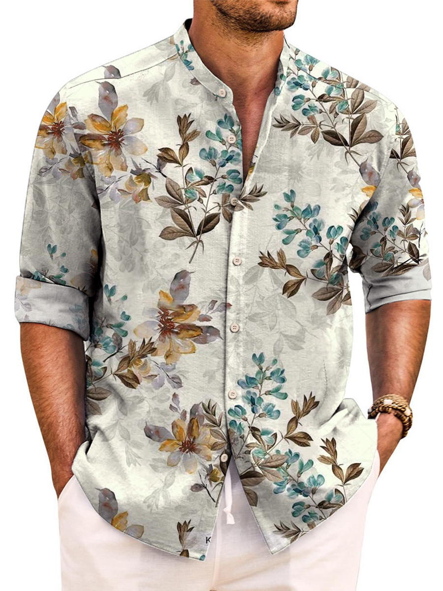 Art Plant Print Easy Care Aloha Long Sleeve Shirts