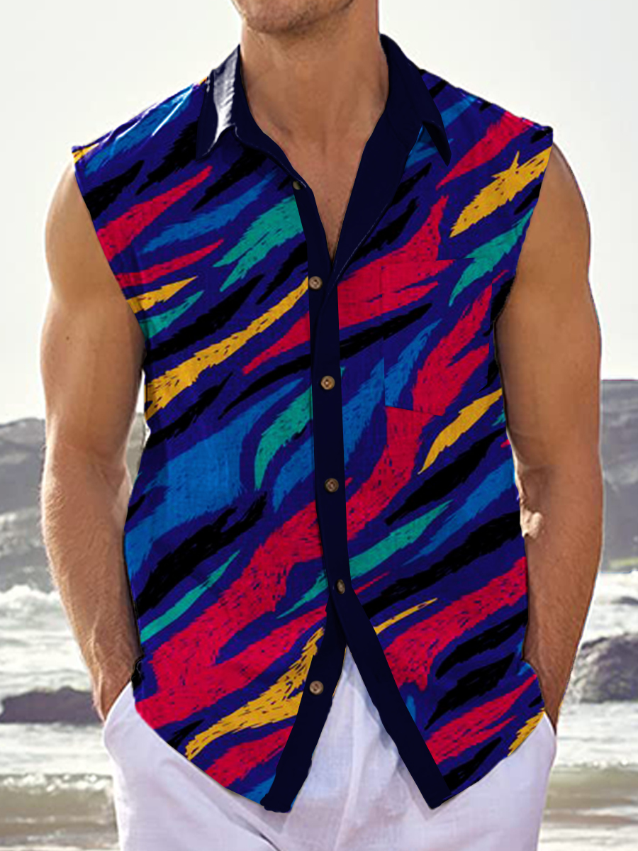 Men's Hawaiian Shirts Multicolor Stripes Print Sleeveless Shirts