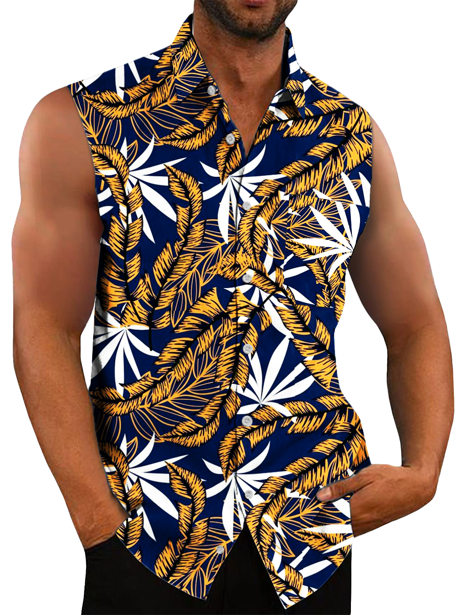 Men's Hawaiian Shirts Leaves Print Sleeveless Shirts