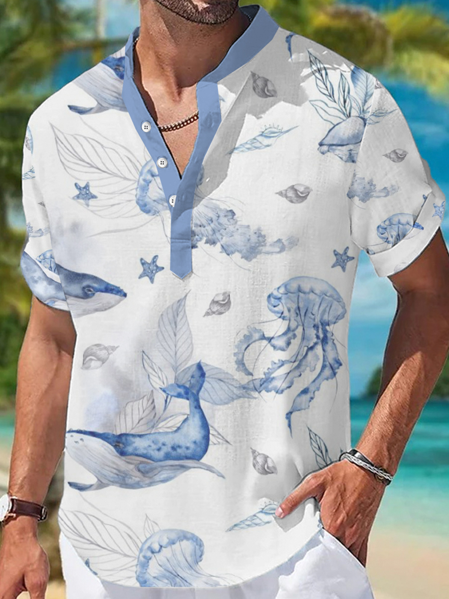 Men's Henley Shirts Whale Printed Short-Sleeved Shirt