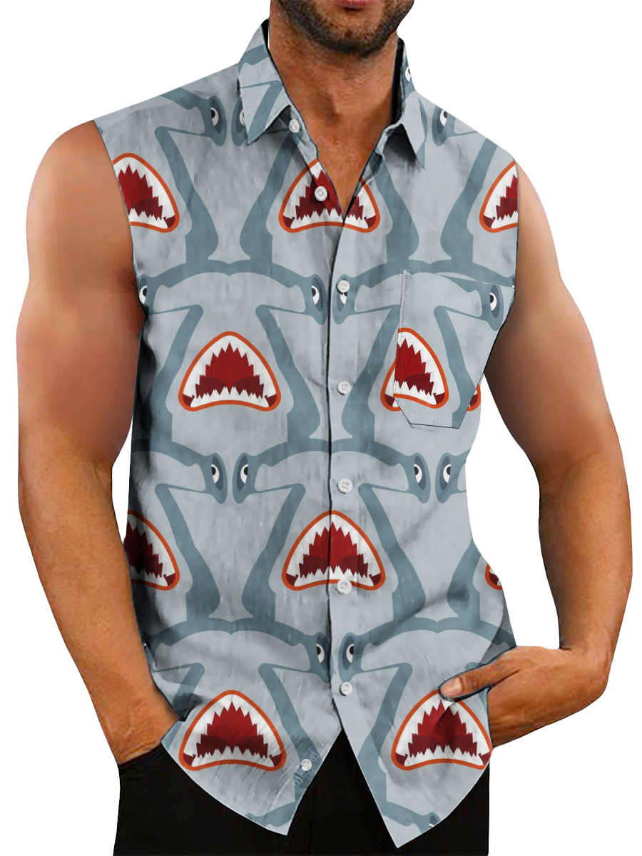 Men's Hawaiian Shirts Screaming Shark Print Sleeveless Shirts