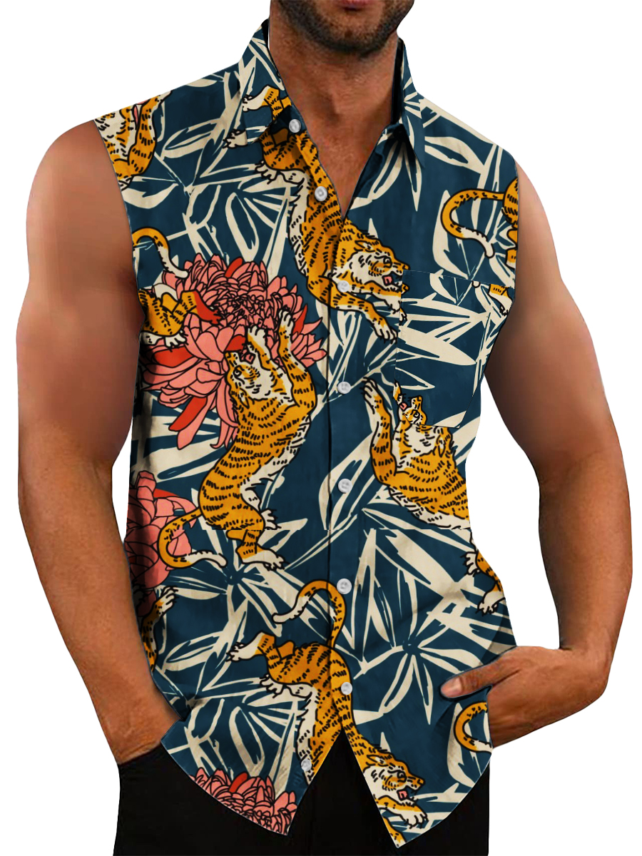 Men's Hawaiian Shirts Hawaii Tiger Pattern Easy Care Sleeveless Shirts