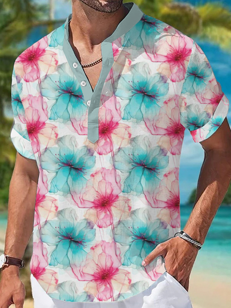 Men's Henley Shirts Translucent Flowers Printed Short-Sleeved Shirt