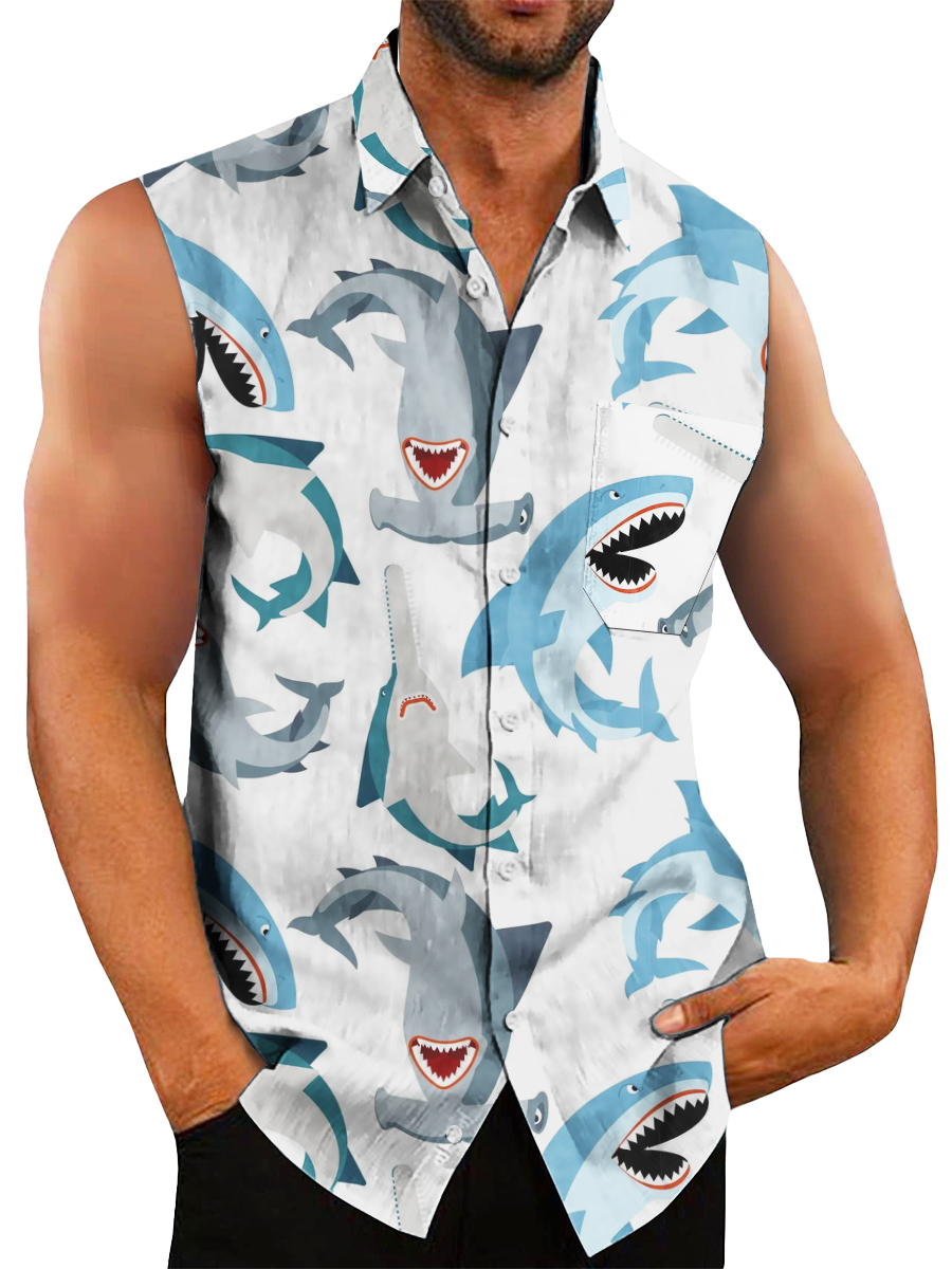 Men's Hawaiian Shirts Sharks Print Sleeveless Shirts
