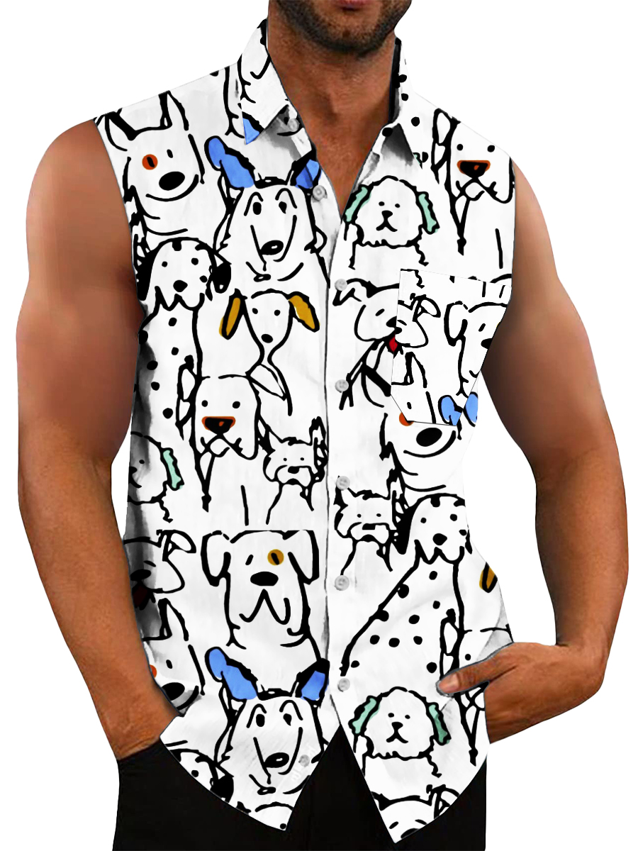 Men's Hawaiian Shirts Dog Pattern Easy Care Sleeveless Shirts