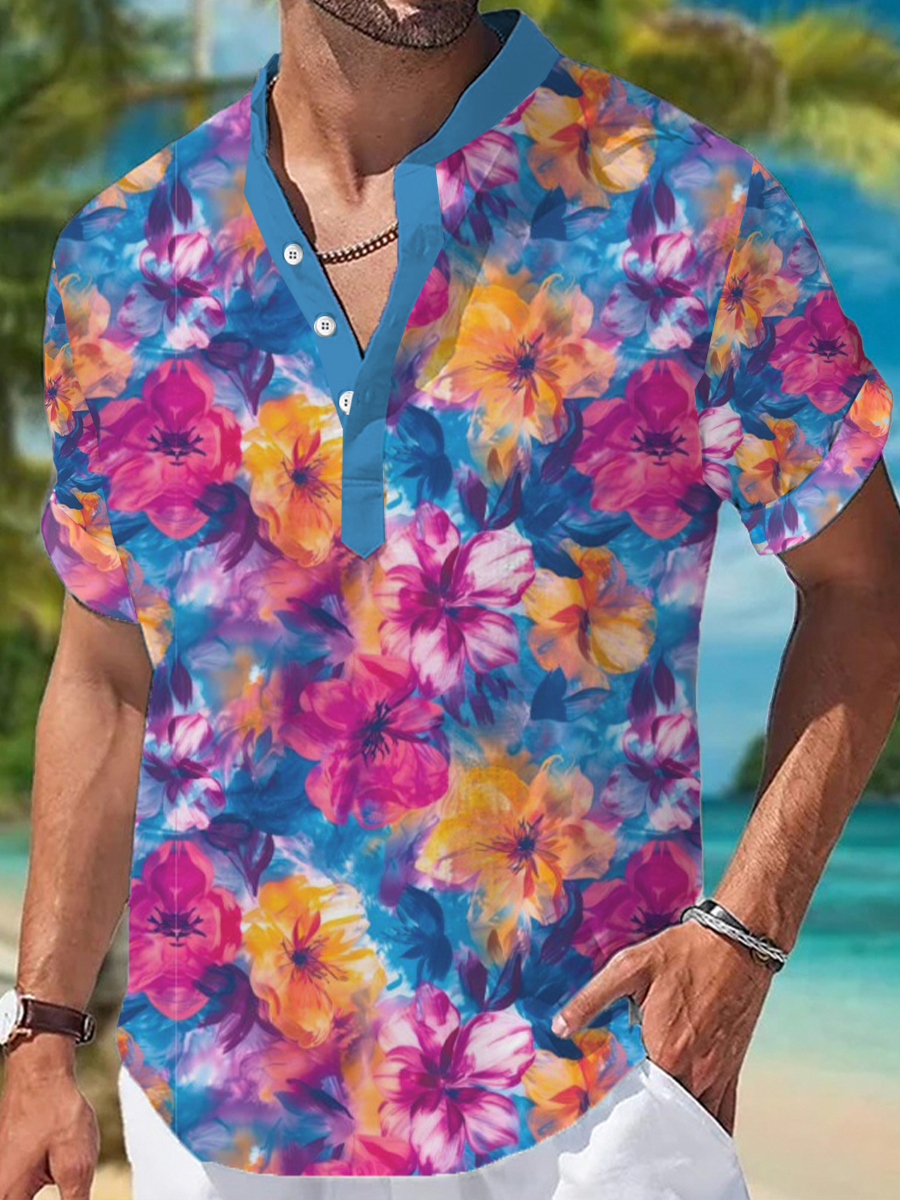 Men's Henley Shirts Floral Printed Short-Sleeved Shirt