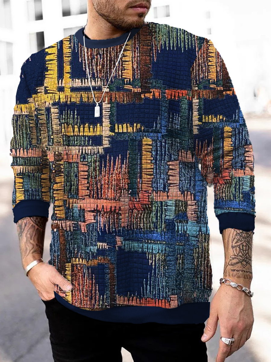 Men's Square Pattern Sweatshirt Art Stripe Print Long Sleeve Sweatshirt