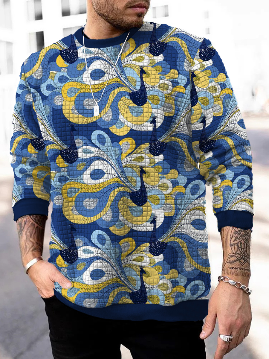 Men's Square Pattern Sweatshirt Peacock Pattern Print Long Sleeve Sweatshirt