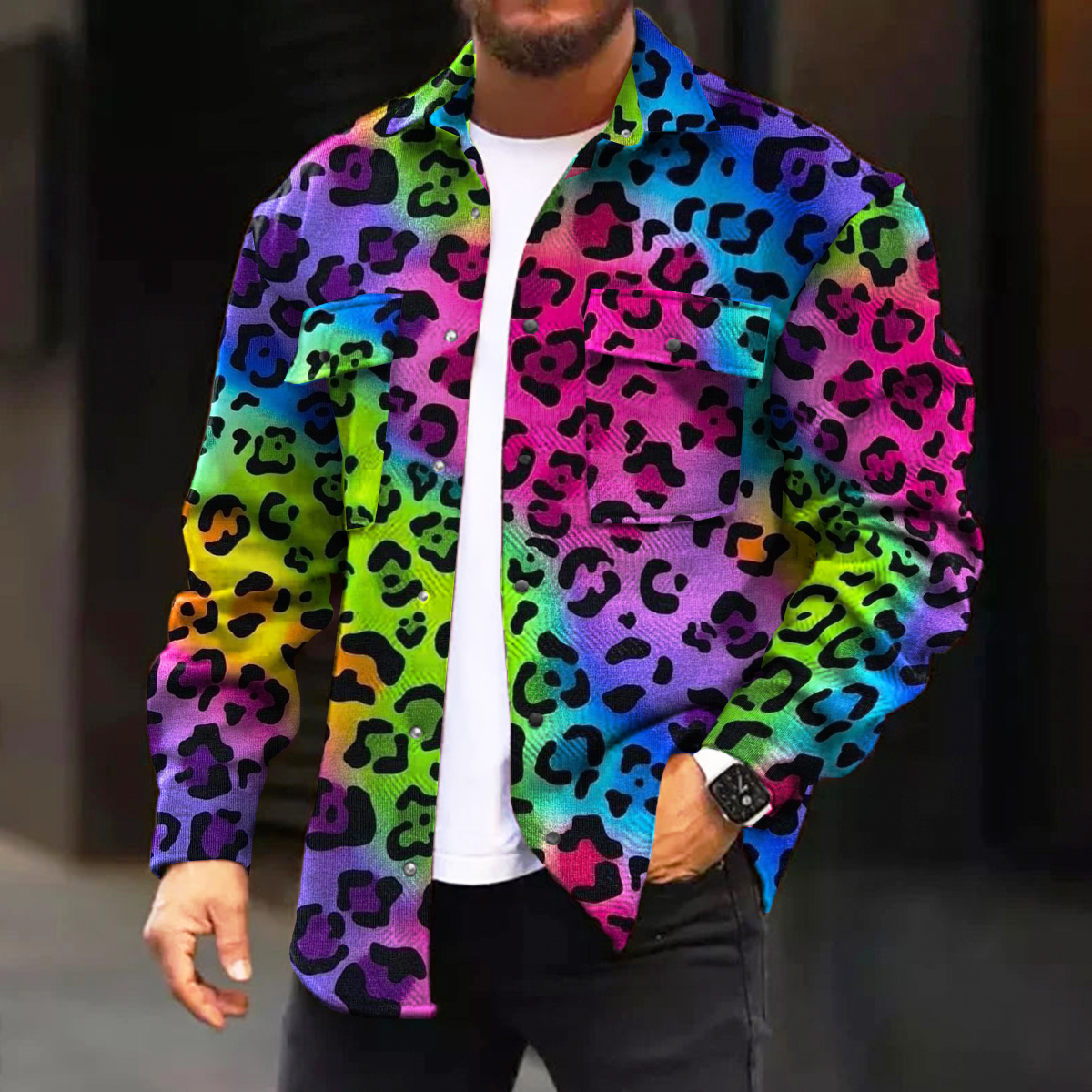 Art Leopard Pattern Printed Long Sleeve Pocket Jacket