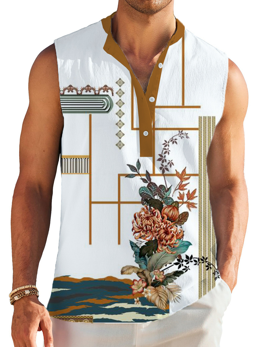 Men's Henley Collar Shirt Vintage Floral Pattern Printed Cotton And Linen Sleeveless Shirt
