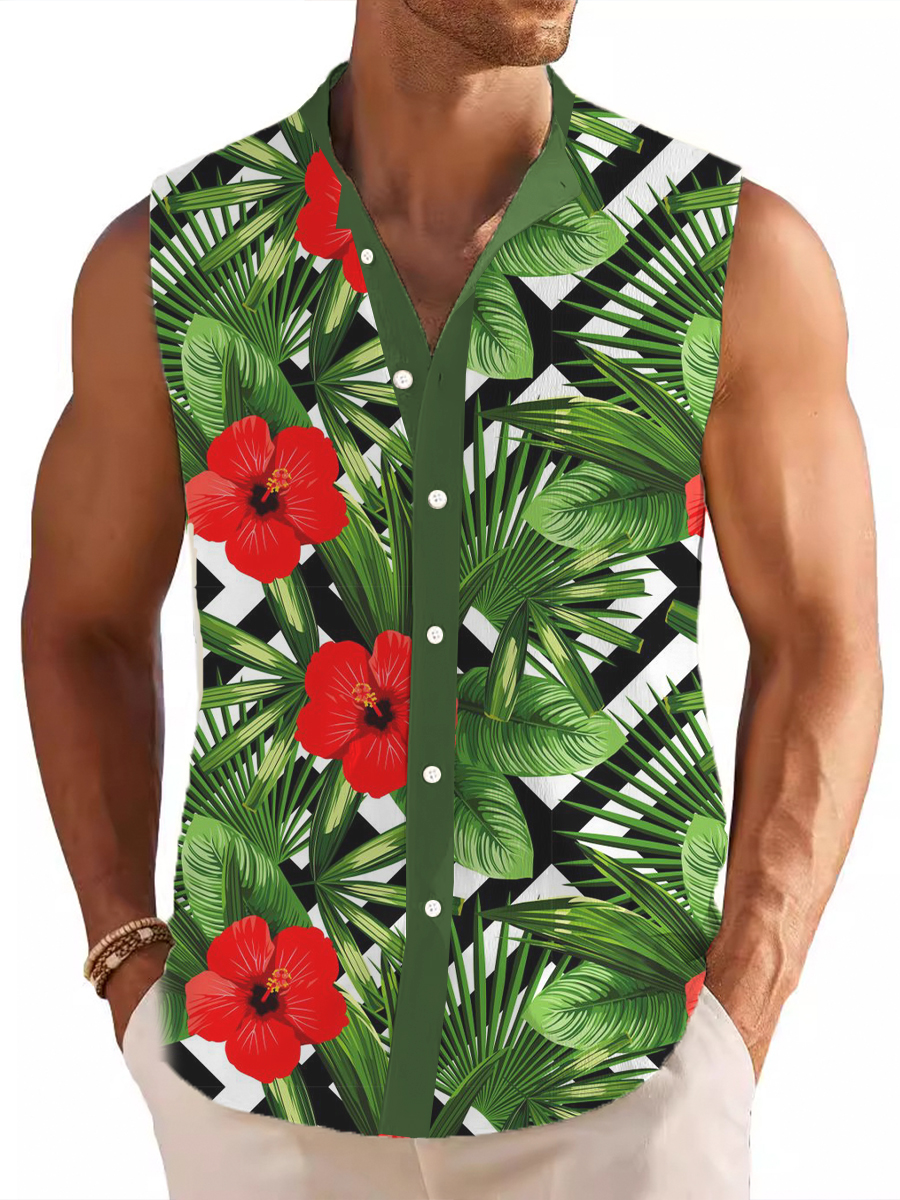 Men's Stand Collar Shirt Hawaii Hibiscus Printed Cotton And Linen Sleeveless Shirt