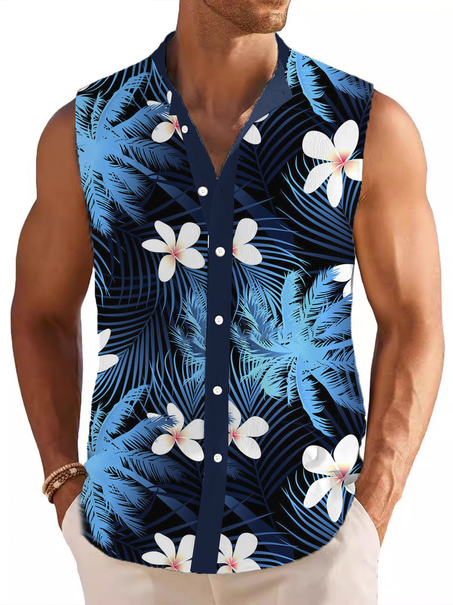 Men's Stand Collar Shirt Hawaii Hibiscus Printed Cotton And Linen Sleeveless Shirt