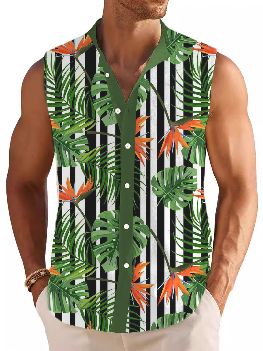 Men's Stand Collar Shirt Hawaii Plant Stripes Printed Cotton And Linen Sleeveless Shirt