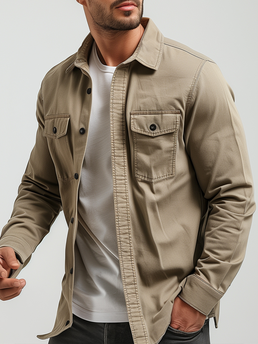 Men's Casual Jacket Solid Long Sleeve Pockets Shirt Jacket