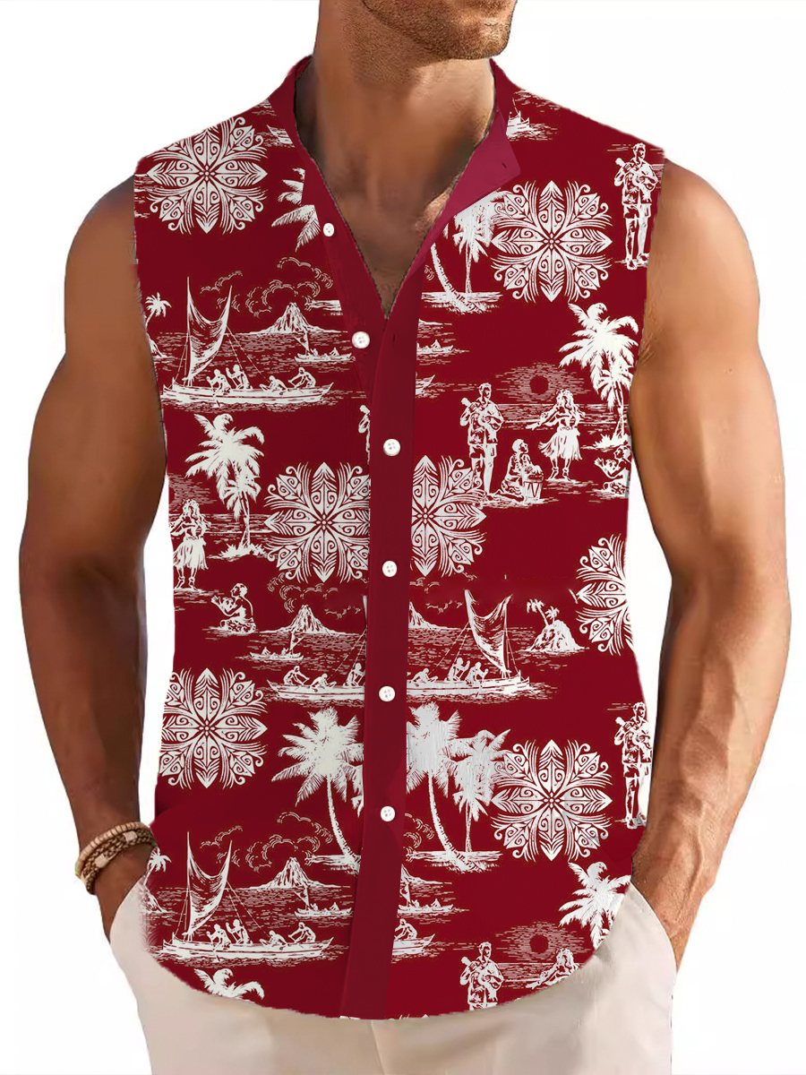 Men's Stand Collar Shirt Hawaii Printed Cotton And Linen Sleeveless Shirt