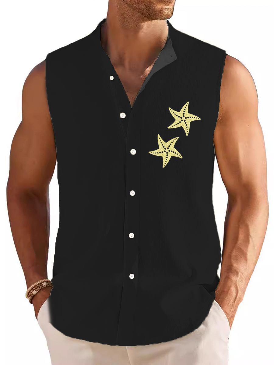 Men's Stand Collar Shirt Starfish Printed Cotton And Linen Sleeveless Shirt