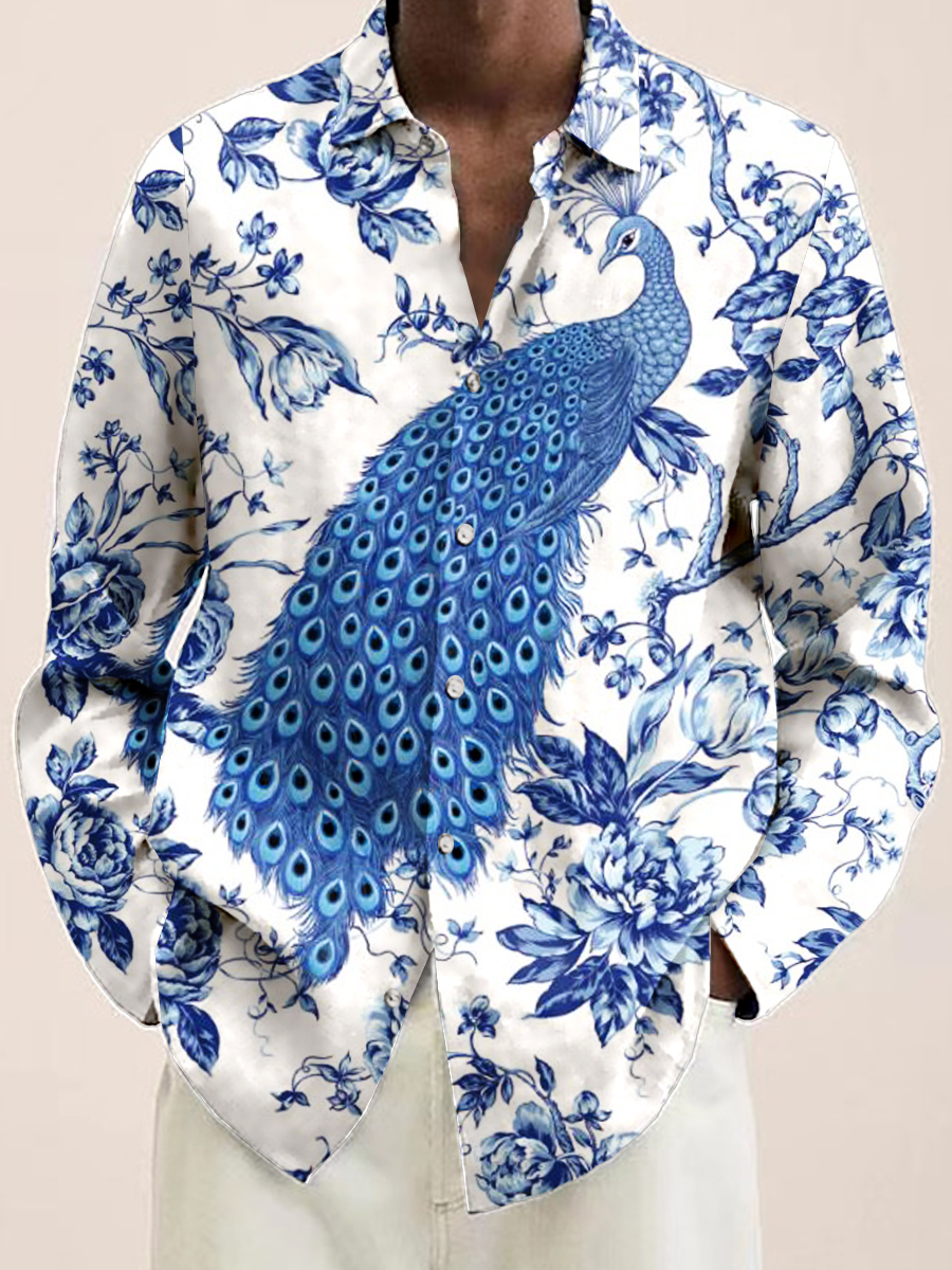 Men's Art Peacock Print Long Sleeve Shirt