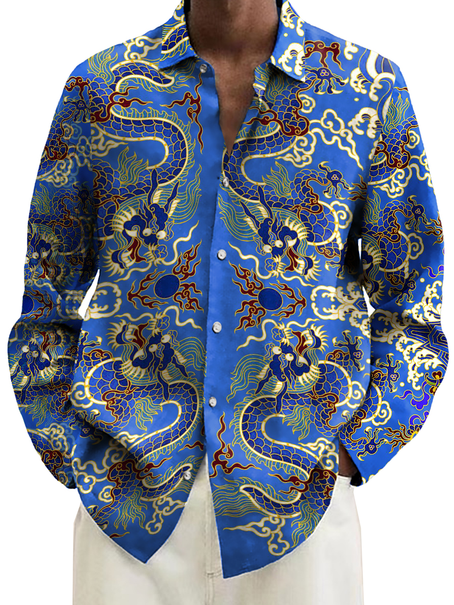 Men's Retro Chinese Dragon Print Long Sleeve Shirt