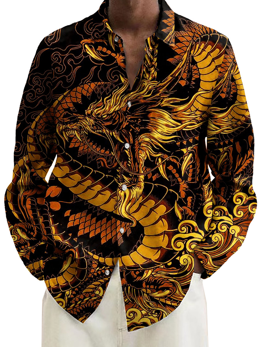 Men's Shirt Golden Dragon Print Casual Vacation Oversized Long Sleeve Shirt