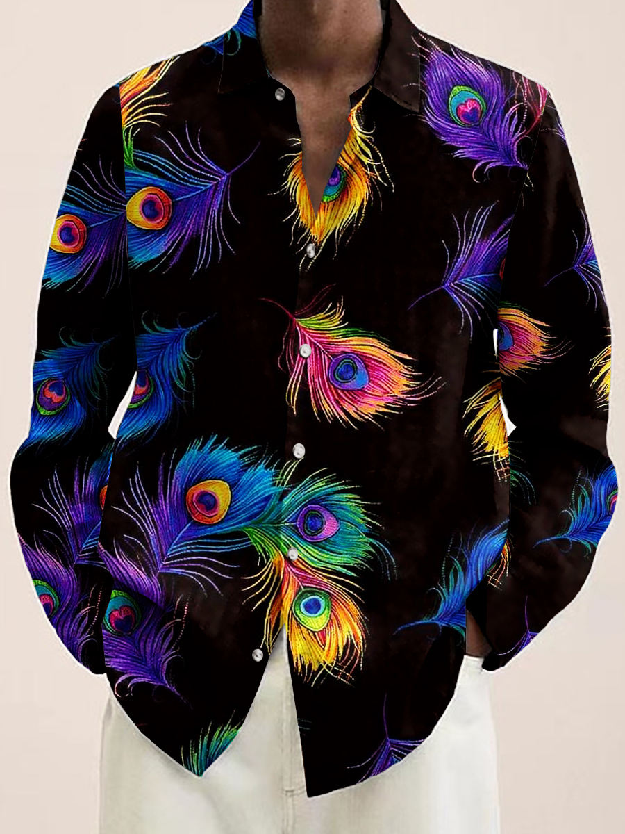 Men's Hawaiian Shirt Rainbow Peacock Feather Print Casual Vacation Long Sleeve Shirt