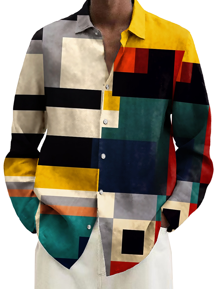 Men's Multicolor Colorblock Print Long Sleeve Shirt